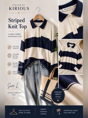 Atelier by Kirious Striped Rugby Knit Top Navy Cream Size L